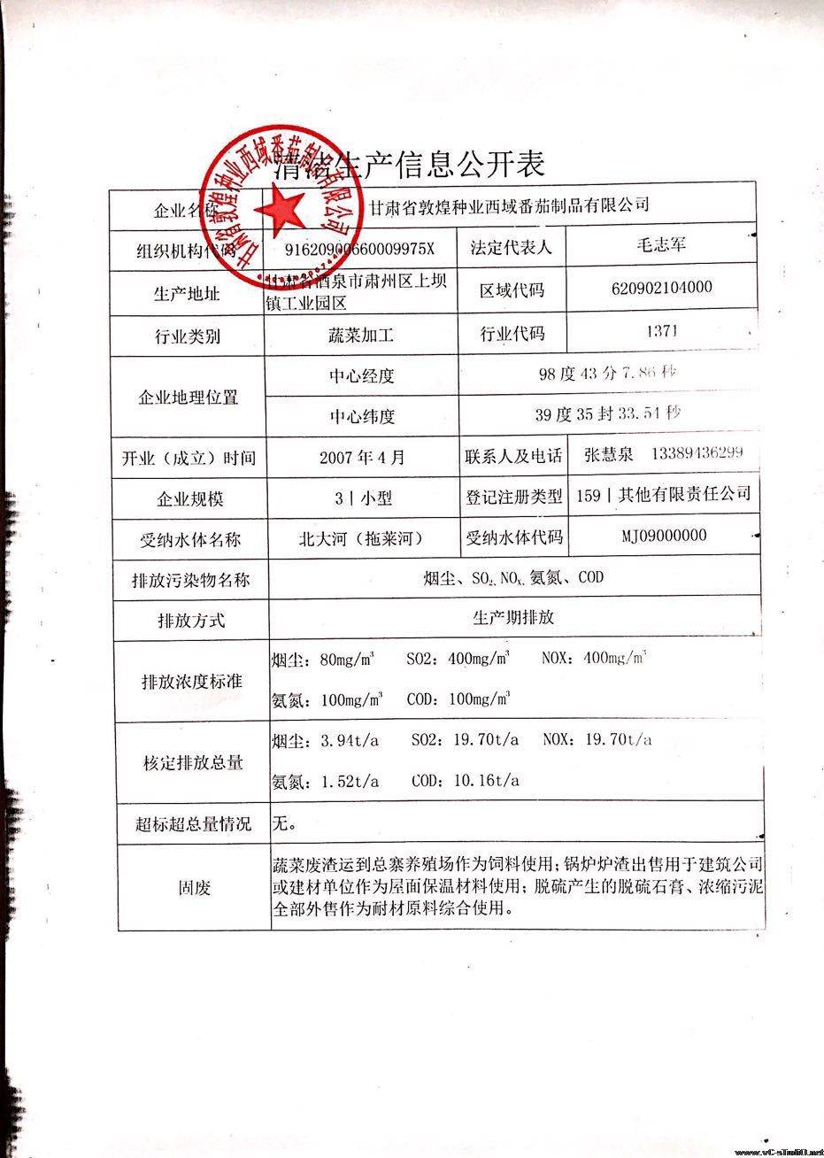 甘肃省敦煌种业西域番茄制品有限公司清洁生产信息公开表